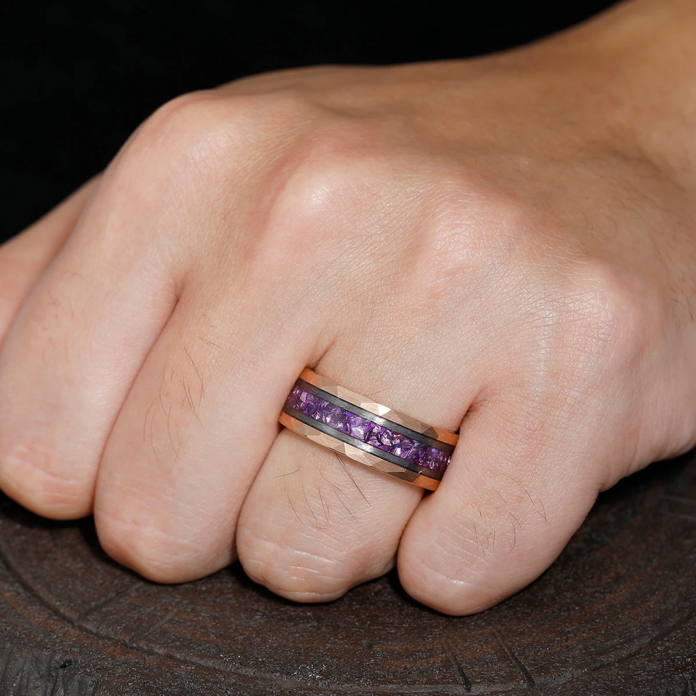 Amethyst Gemstone Inset Wedding Band Men's 8mm Personalized Anniversary Hammered Tungsten Ring - view 15