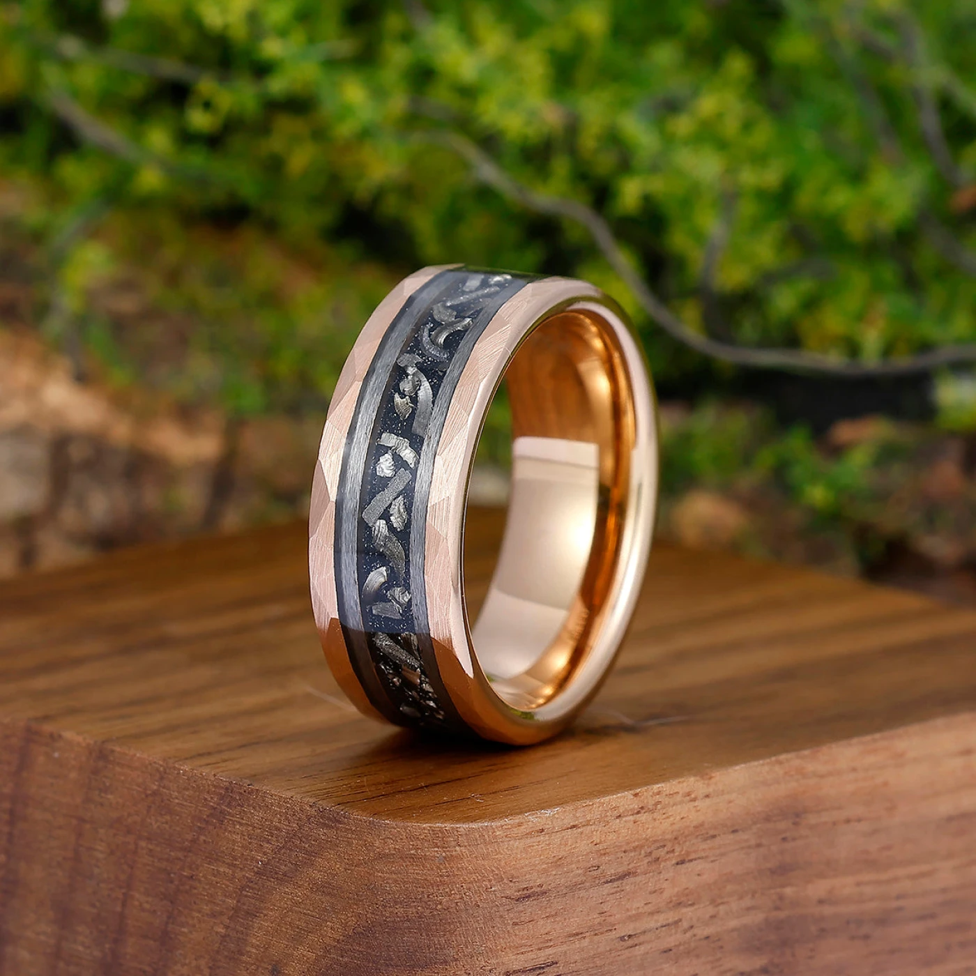 Engravable 8mm Hammered Tungsten Wedding Ring With Black Meteorite Men's