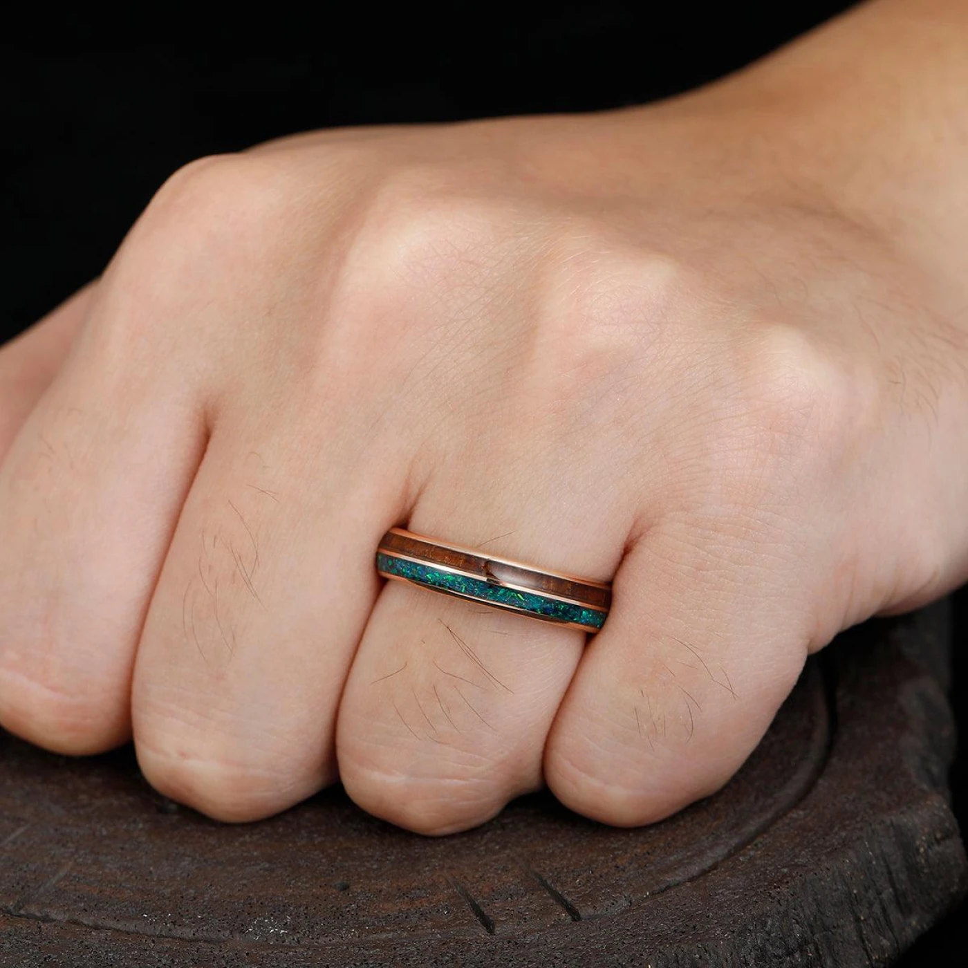 8mm 5mm Peacock Blue Opal Wood Tungsten Wedding Band Glossy Substantial Men' s Unisex Ring - view 9