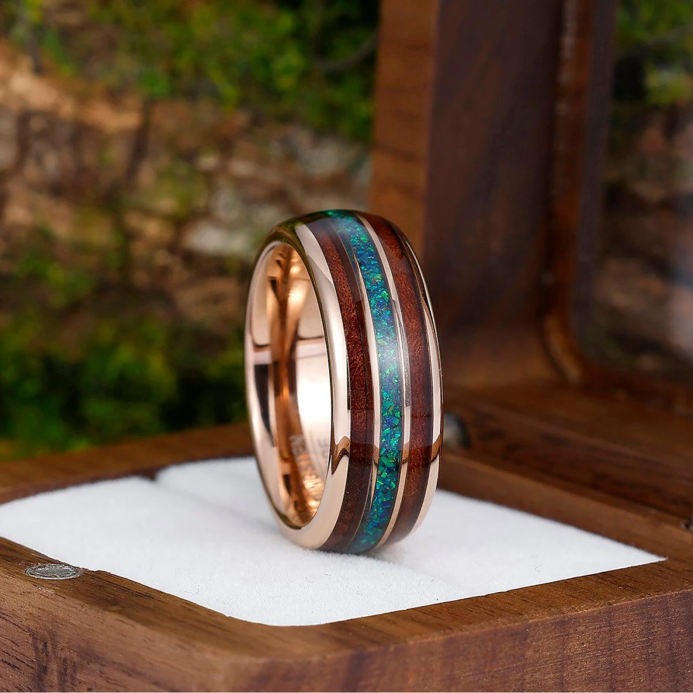 8mm 5mm Peacock Blue Opal Wood Tungsten Wedding Band Glossy Substantial Men' s Unisex Ring - view 6
