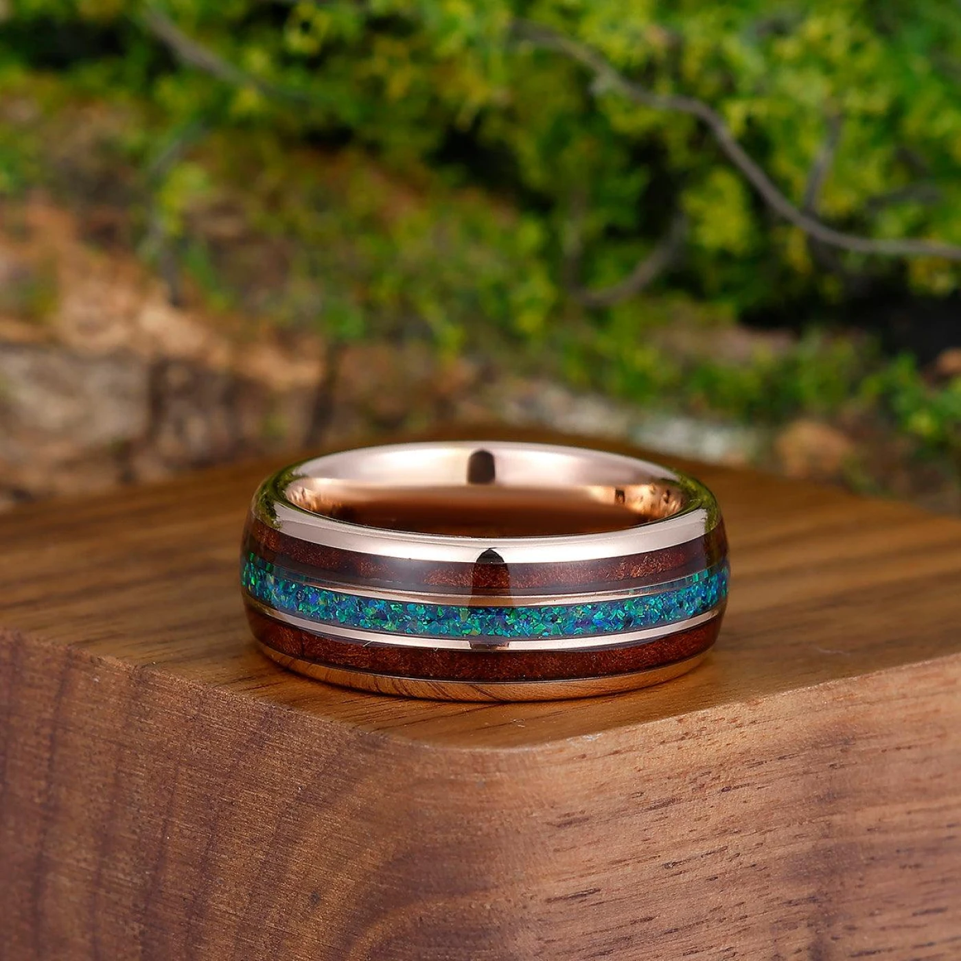 8mm 5mm Peacock Blue Opal Wood Tungsten Wedding Band Glossy Substantial Men' s Unisex Ring - view 5