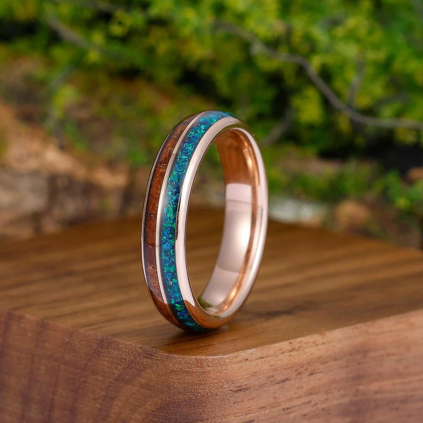 8mm 5mm Peacock Blue Opal Wood Tungsten Wedding Band Glossy Substantial Men' s Unisex Ring - view 2