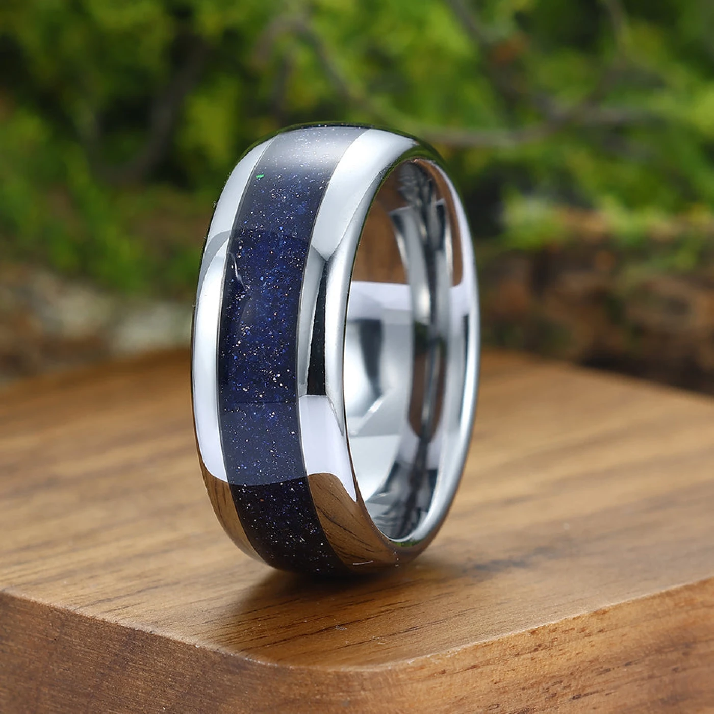 Stunning Blue Gold Sandstone Nebula Tungsten Wedding Band 8mm