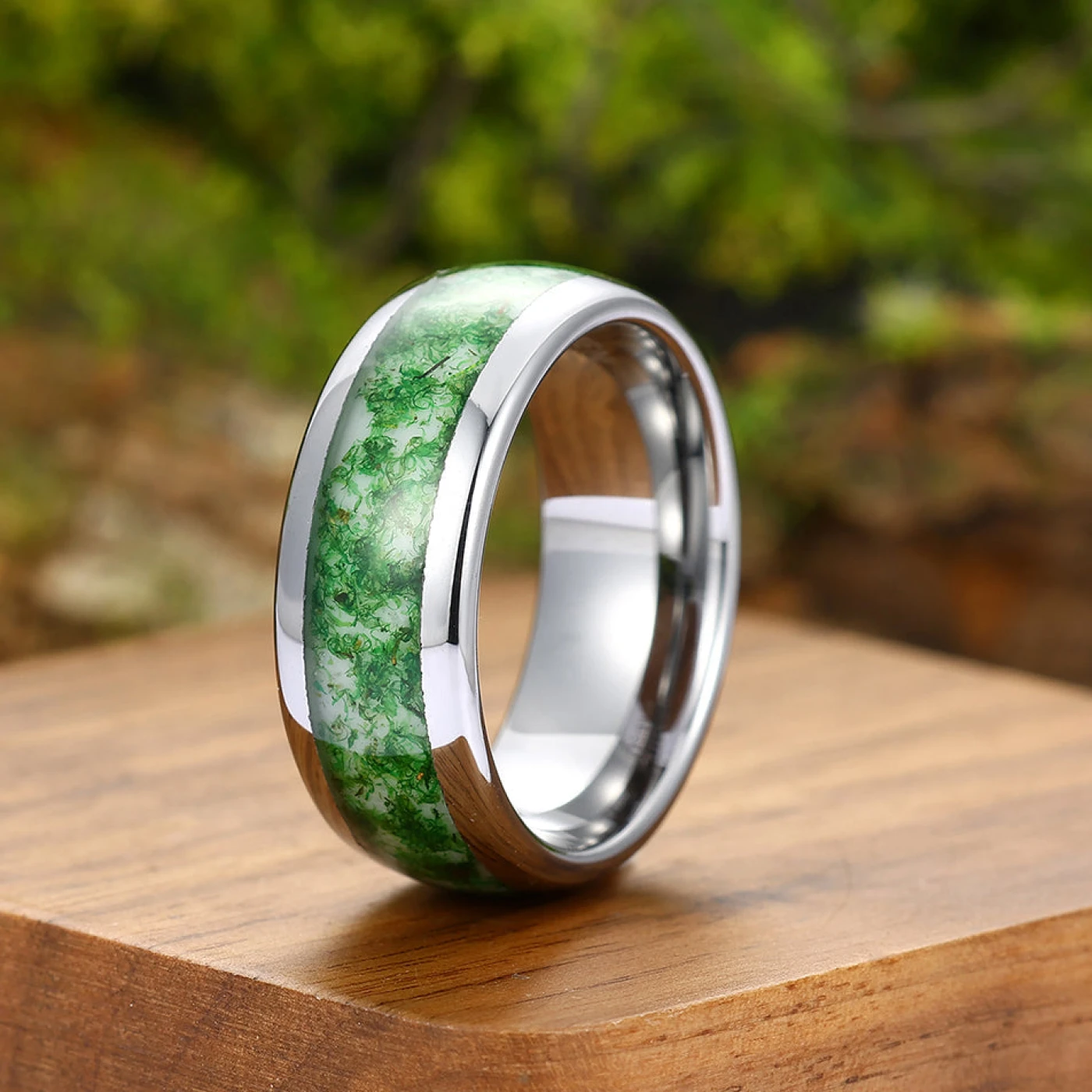 Green Moss Agate Inlaid Tungsten Ring 8mm 4mm Men's Engagement Ring Promise Ring - view 5