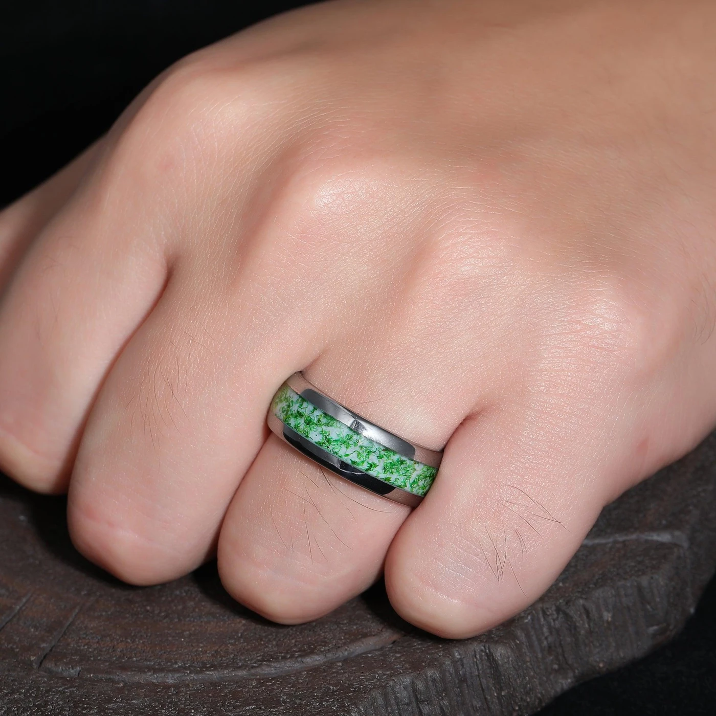 Green Moss Agate Inlaid Tungsten Ring 8mm 4mm Men's Engagement Ring Promise Ring - view 9