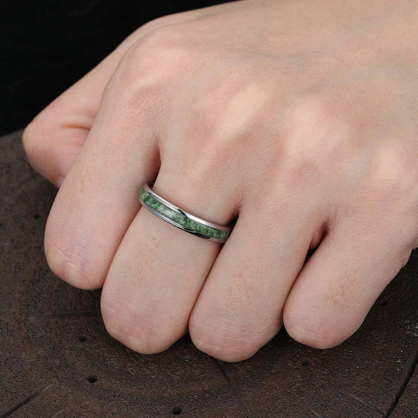 Green Moss Agate Inlaid Tungsten Ring 8mm 4mm Men's Engagement Ring Promise Ring - view 12