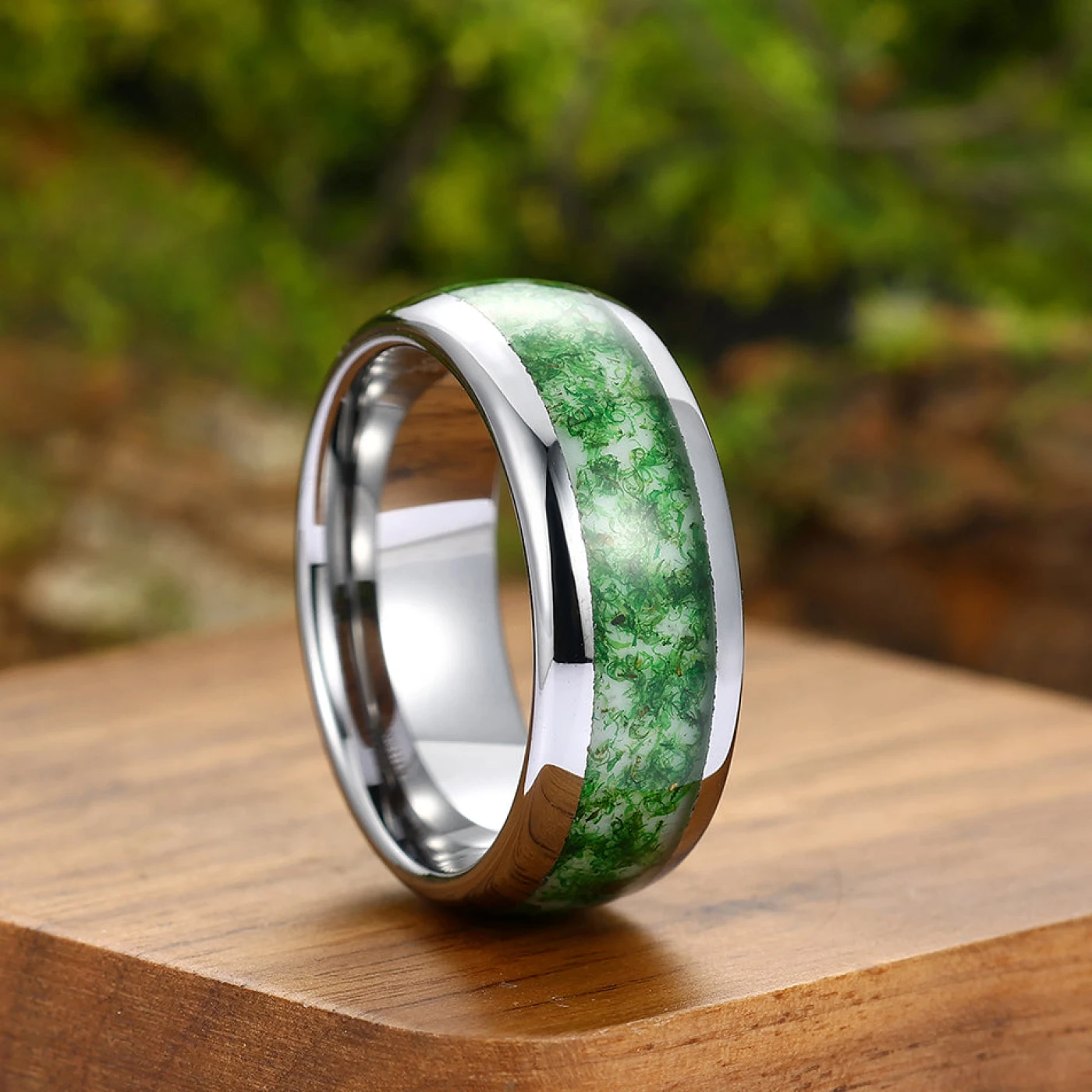 Green Moss Agate Inlaid Tungsten Ring 8mm 4mm Men's Engagement Ring Promise Ring - view 3