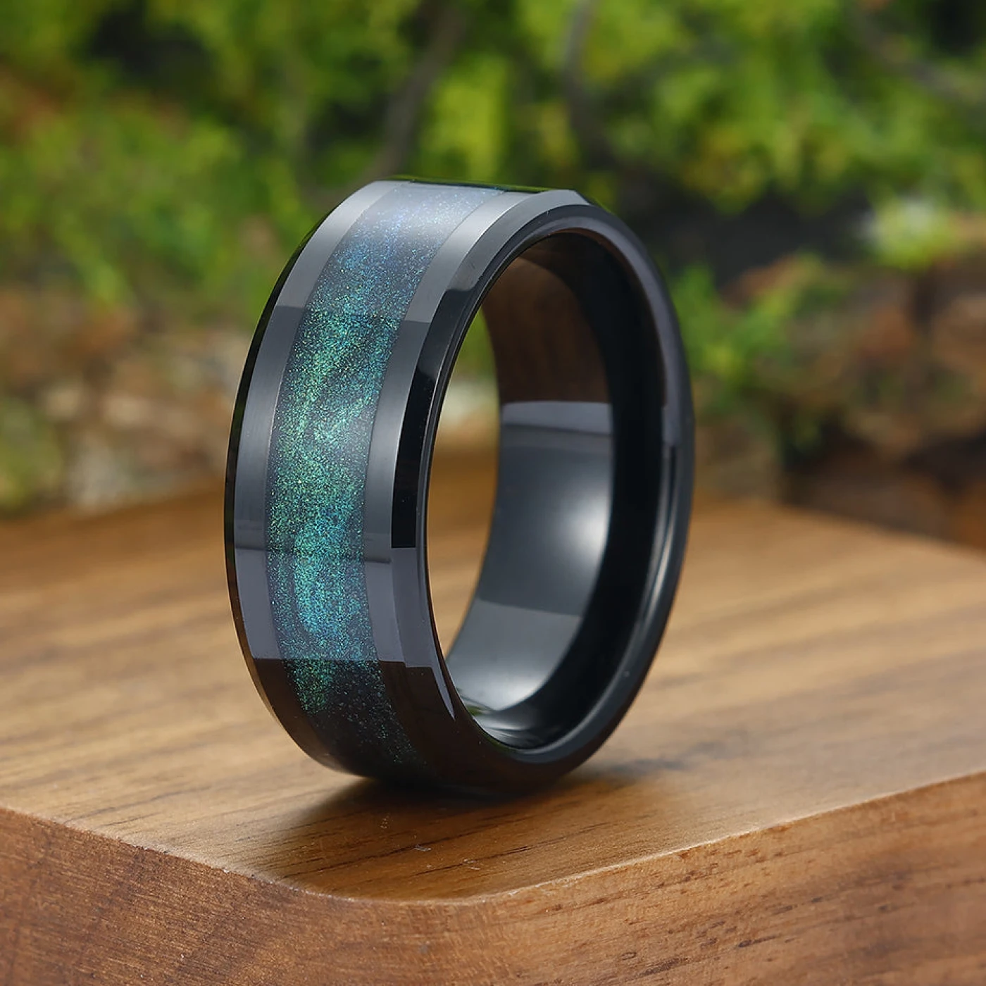 Blue Green Glitter Universe Galaxy Quicksand Black Men's Tungsten Ring