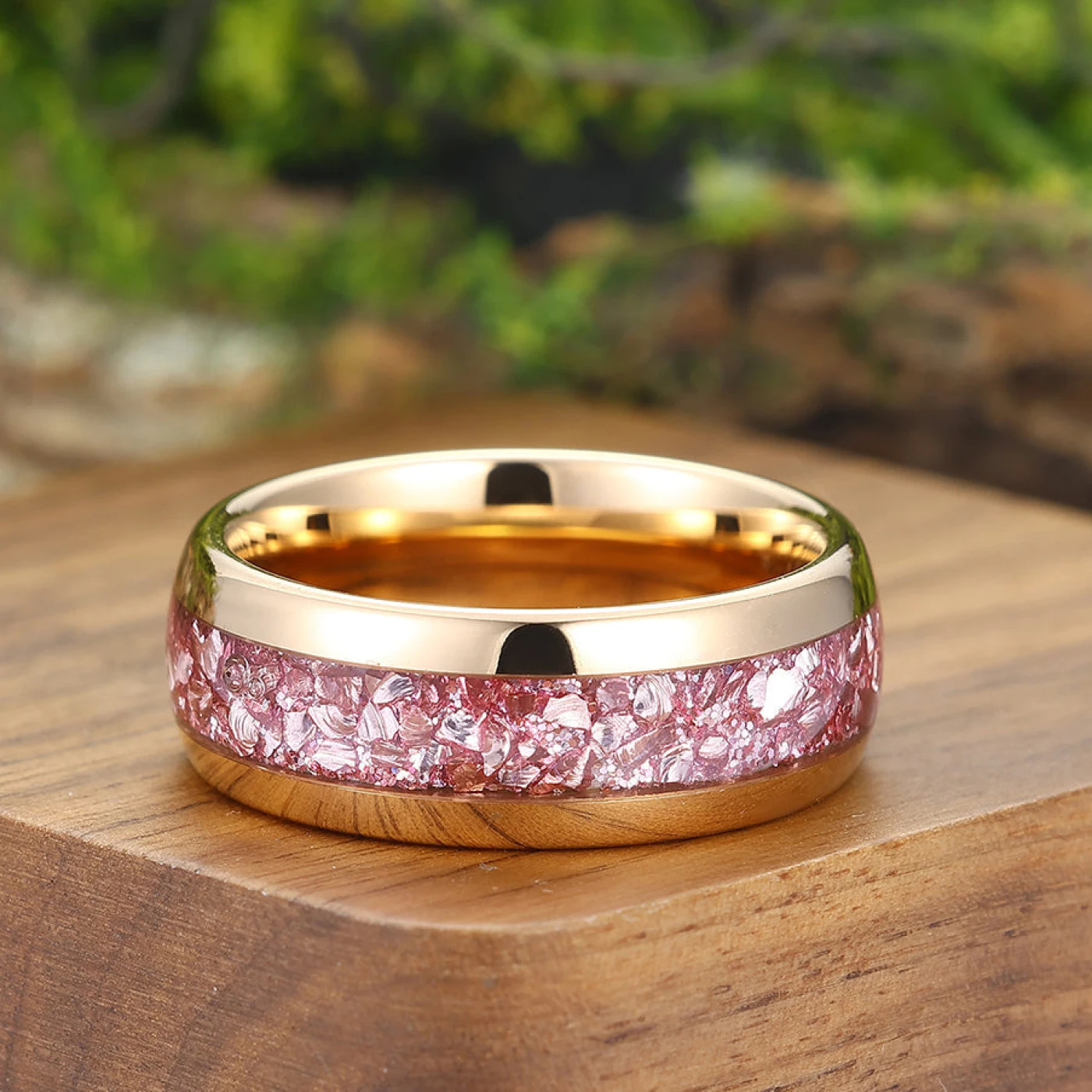 Pink Sapphire Tungsten Wedding Band Rose Gold Polished Dome Promise Mens Ring Wide Band Unisex Ring - view 3