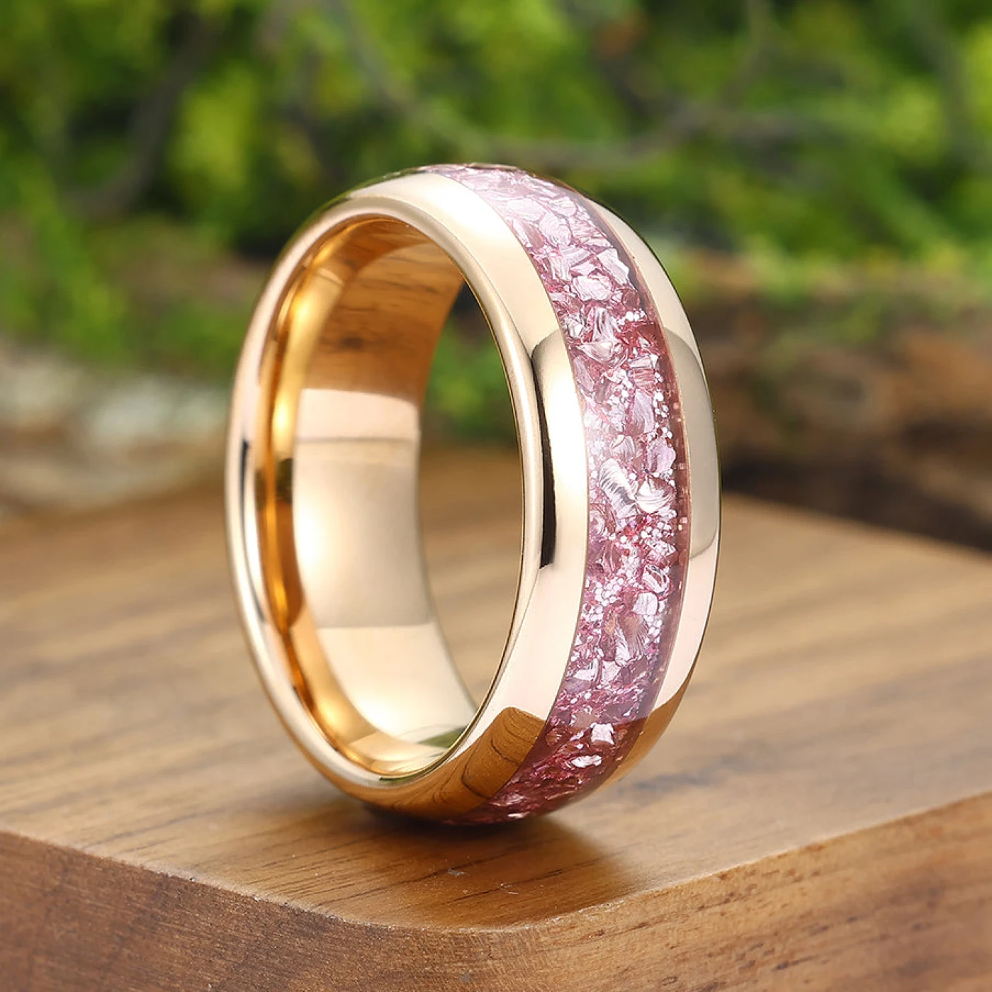 Pink Sapphire Tungsten Wedding Band Rose Gold Polished Dome Promise Mens Ring Wide Band Unisex Ring - view 2