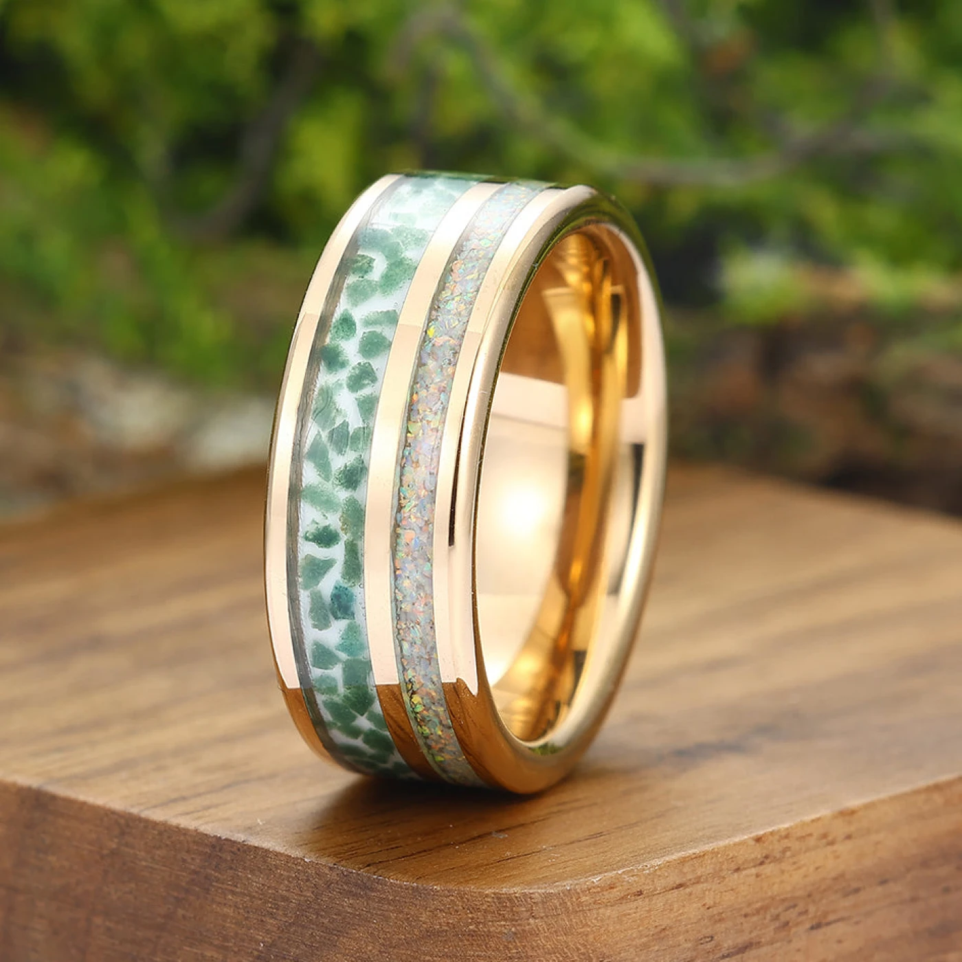Australian Opal-Moss Agate Inlay Ring 8mm Rose Gold Tungsten Steel Men's Ring