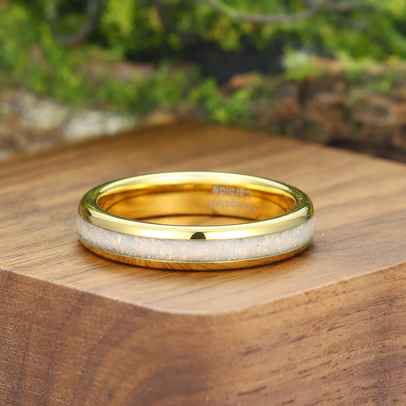 Crushed Pink White Opal Gold Tungsten Mens Wedding Band 4mm Polished Dome Comfort Fit Unique Ring - view 3