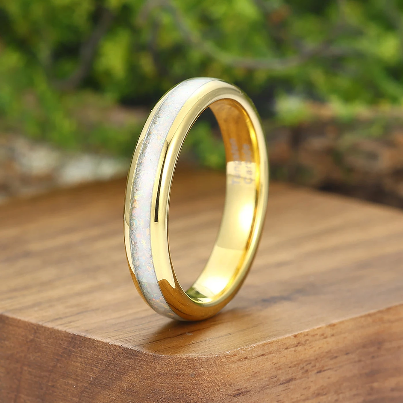 Crushed Pink White Opal Gold Tungsten Mens Wedding Band 4mm Polished Dome Comfort Fit Unique Ring - view 4