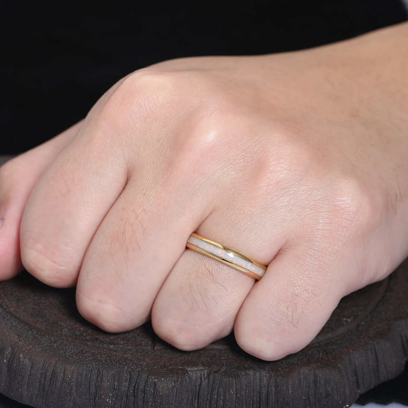 Crushed Pink White Opal Gold Tungsten Mens Wedding Band 4mm Polished Dome Comfort Fit Unique Ring - view 6