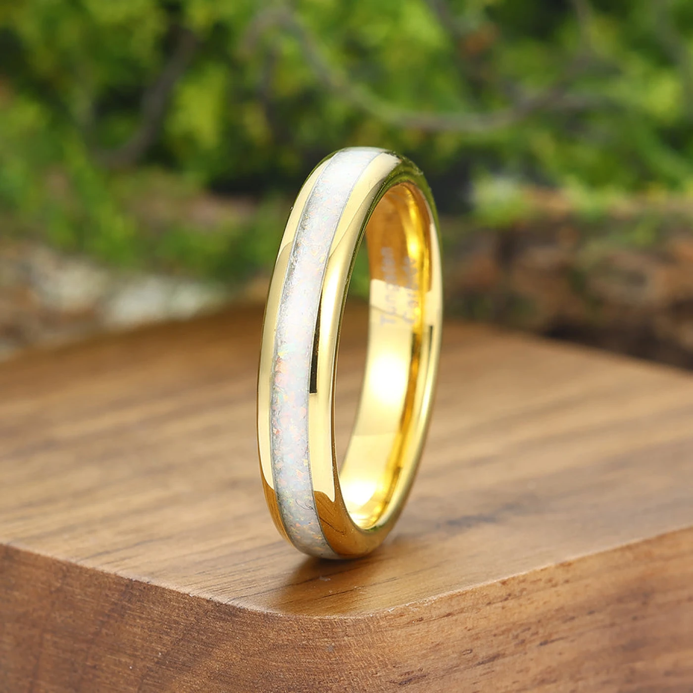 Crushed Pink White Opal Gold Tungsten Mens Wedding Band 4mm