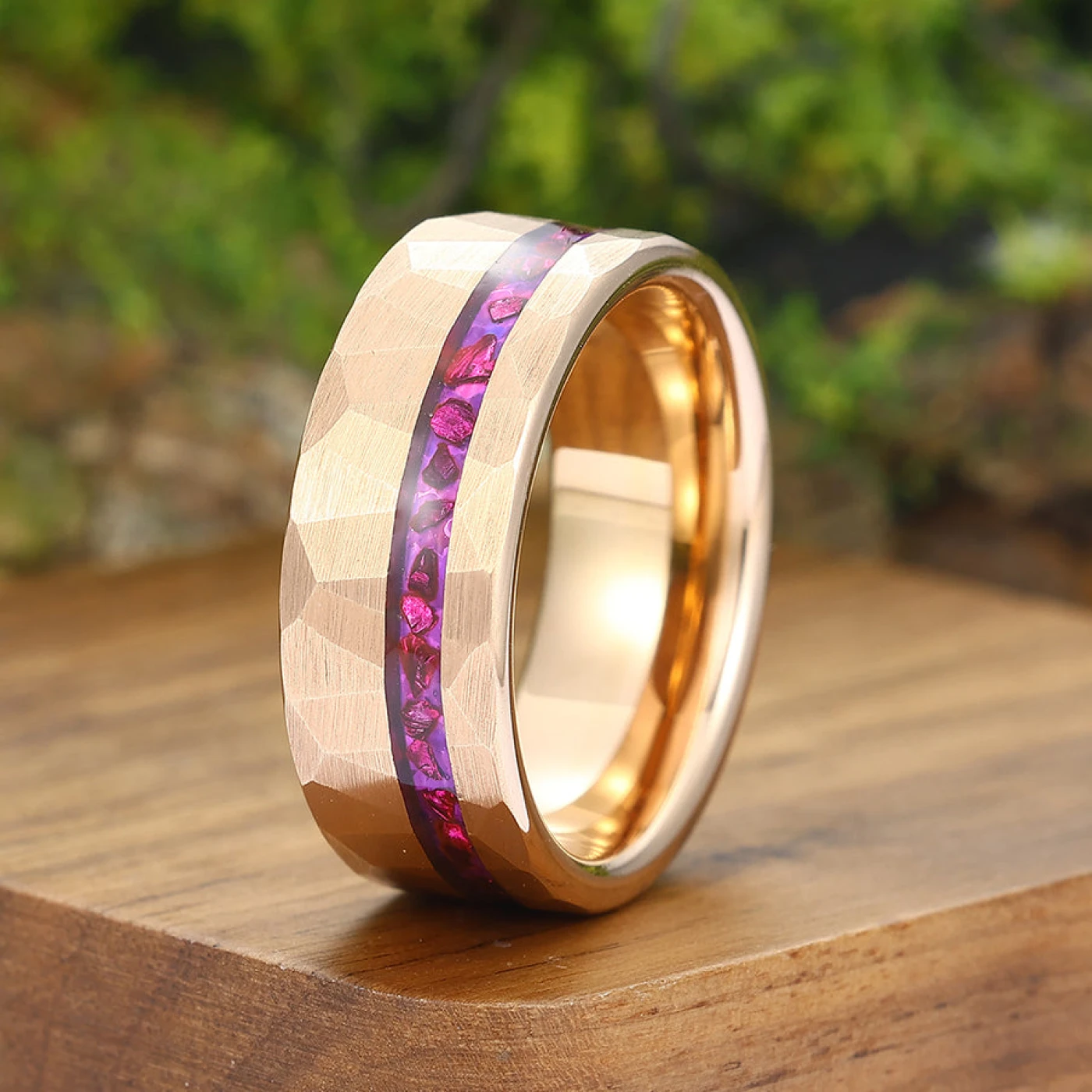 Natural Amethyst Tungsten Men’s Wedding Ring 8mm Hammer Rose Gold Ring For