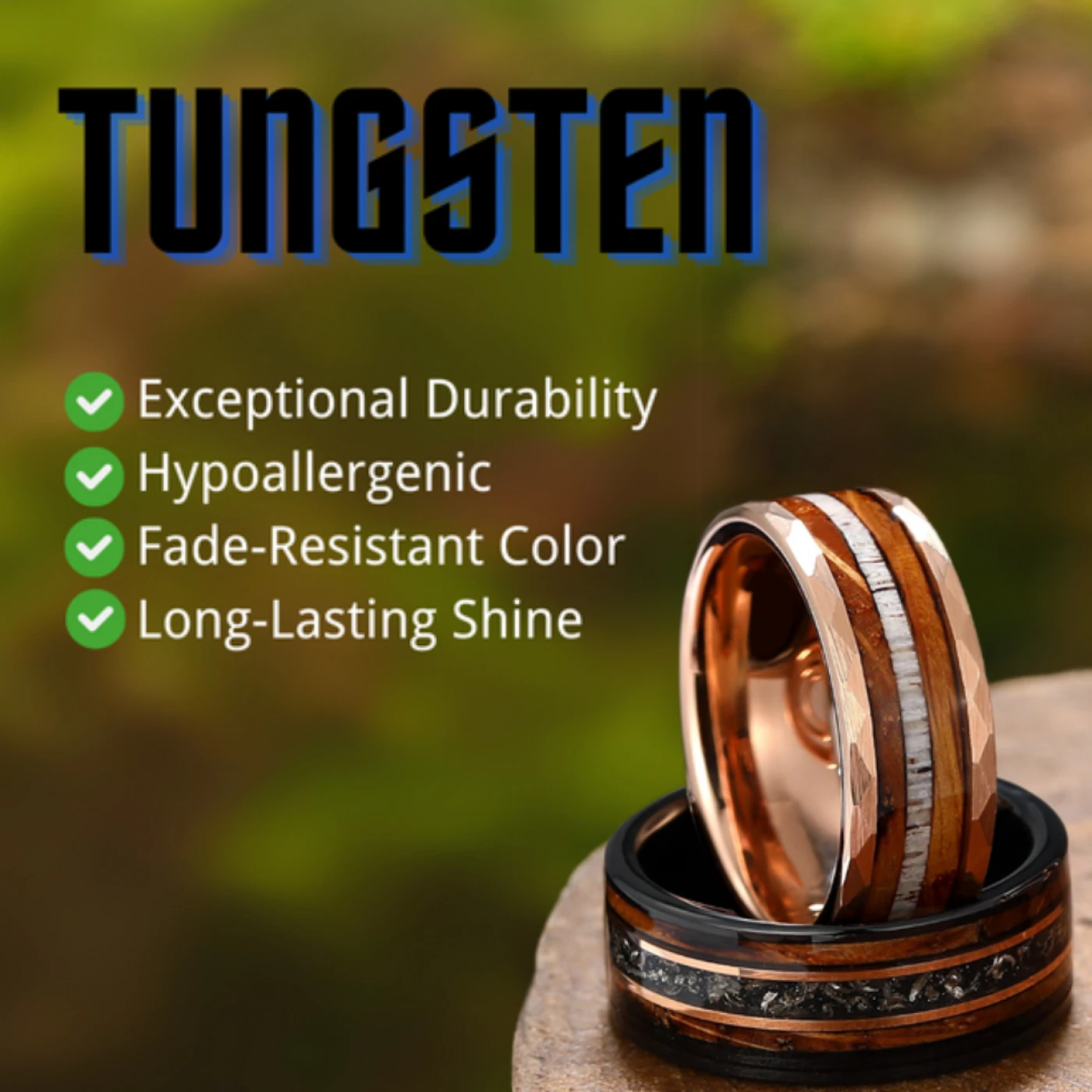 Moss Agate Inlaid Hammer Rose Gold Tungsten Wedding Ring Men’ s Unisex Ring - view 10