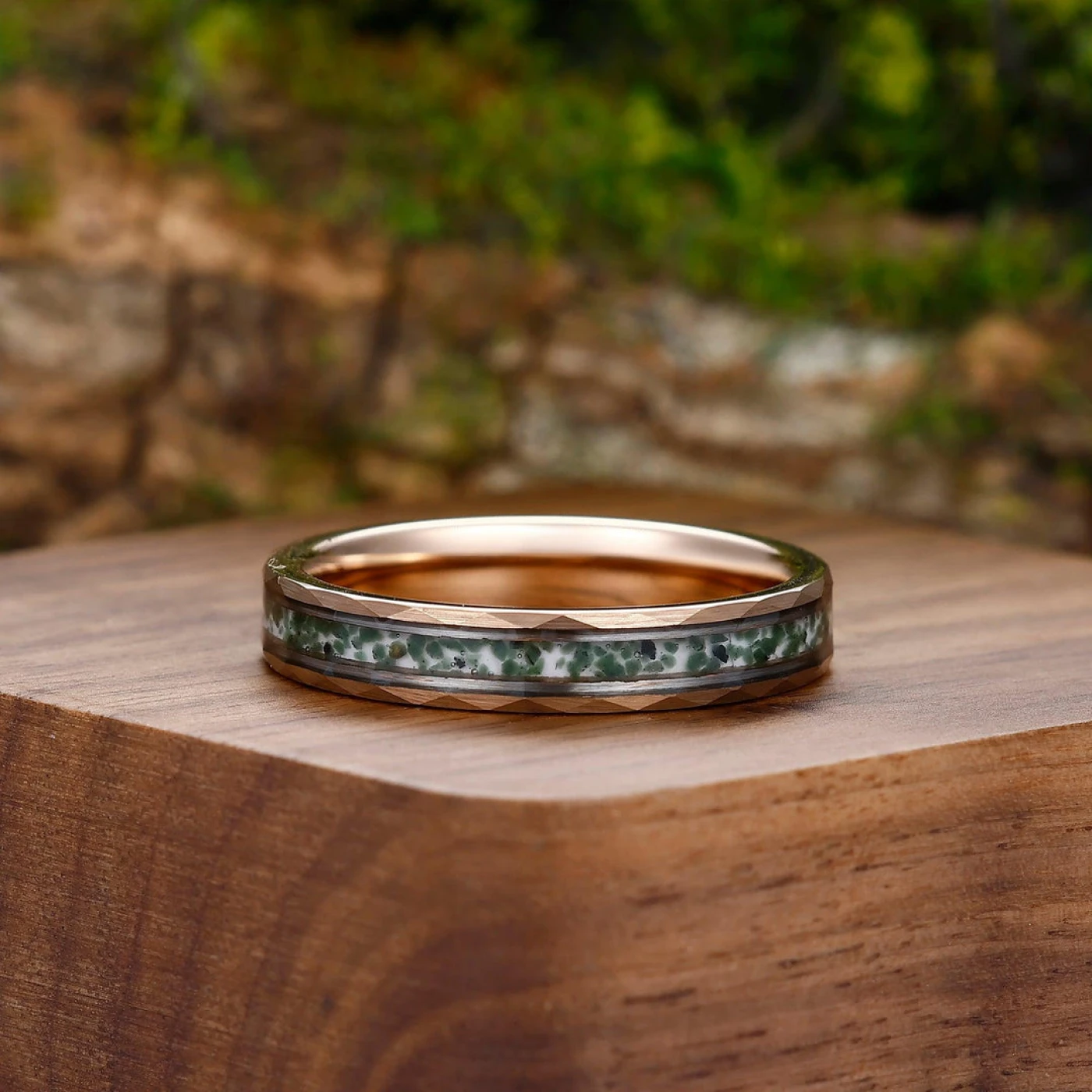 Moss Agate Inlaid Hammer Rose Gold Tungsten Wedding Ring Men’ s Unisex Ring - view 7