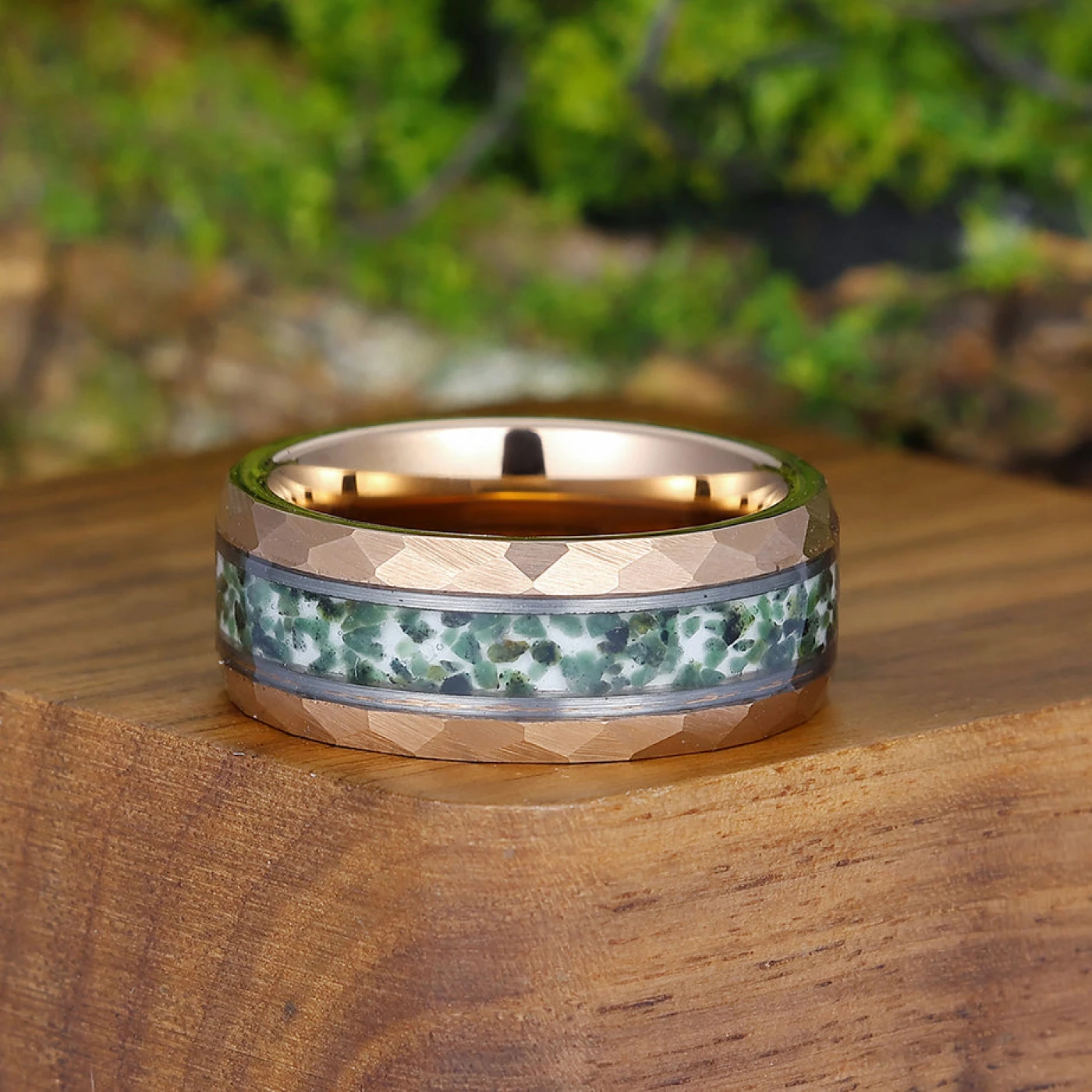 Moss Agate Inlaid Hammer Rose Gold Tungsten Wedding Ring Men’ s Unisex Ring - view 4