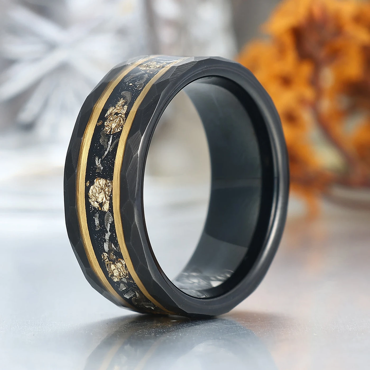 Black Meteorite Gold Foil Tungsten Mens Wedding Ring 8mm Hammer Promise Wedding Band - view 3