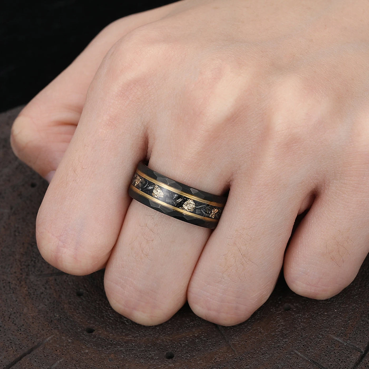 Black Meteorite Gold Foil Tungsten Mens Wedding Ring 8mm Hammer Promise Wedding Band - view 6