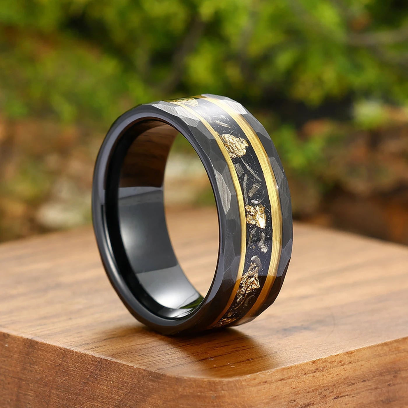 Black Meteorite Gold Foil Tungsten Mens Wedding Ring 8mm Hammer Promise Wedding Band - view 8