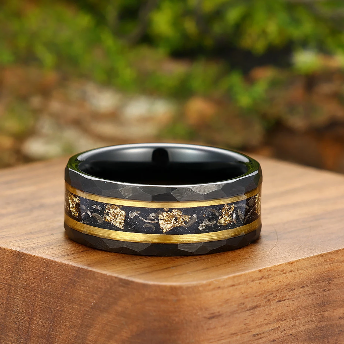 Black Meteorite Gold Foil Tungsten Mens Wedding Ring 8mm Hammer Promise Wedding Band - view 9