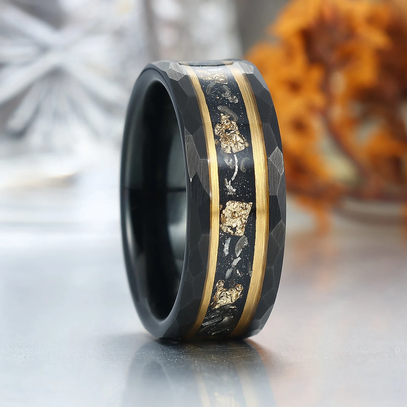 Black Meteorite Gold Foil Tungsten Mens Wedding Ring 8mm Hammer Promise Wedding Band - view 4