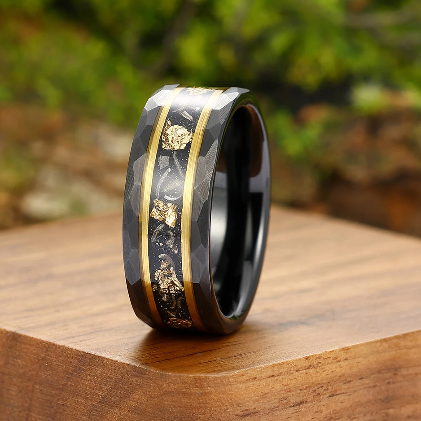 Black Meteorite Gold Foil Tungsten Mens Wedding Ring 8mm Hammer Promise Wedding Band - view 7