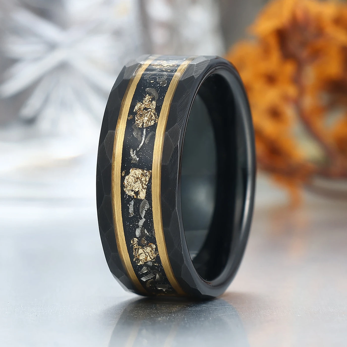 Black Meteorite Gold Foil Tungsten Mens Wedding Ring 8mm Hammer Wedding Band
