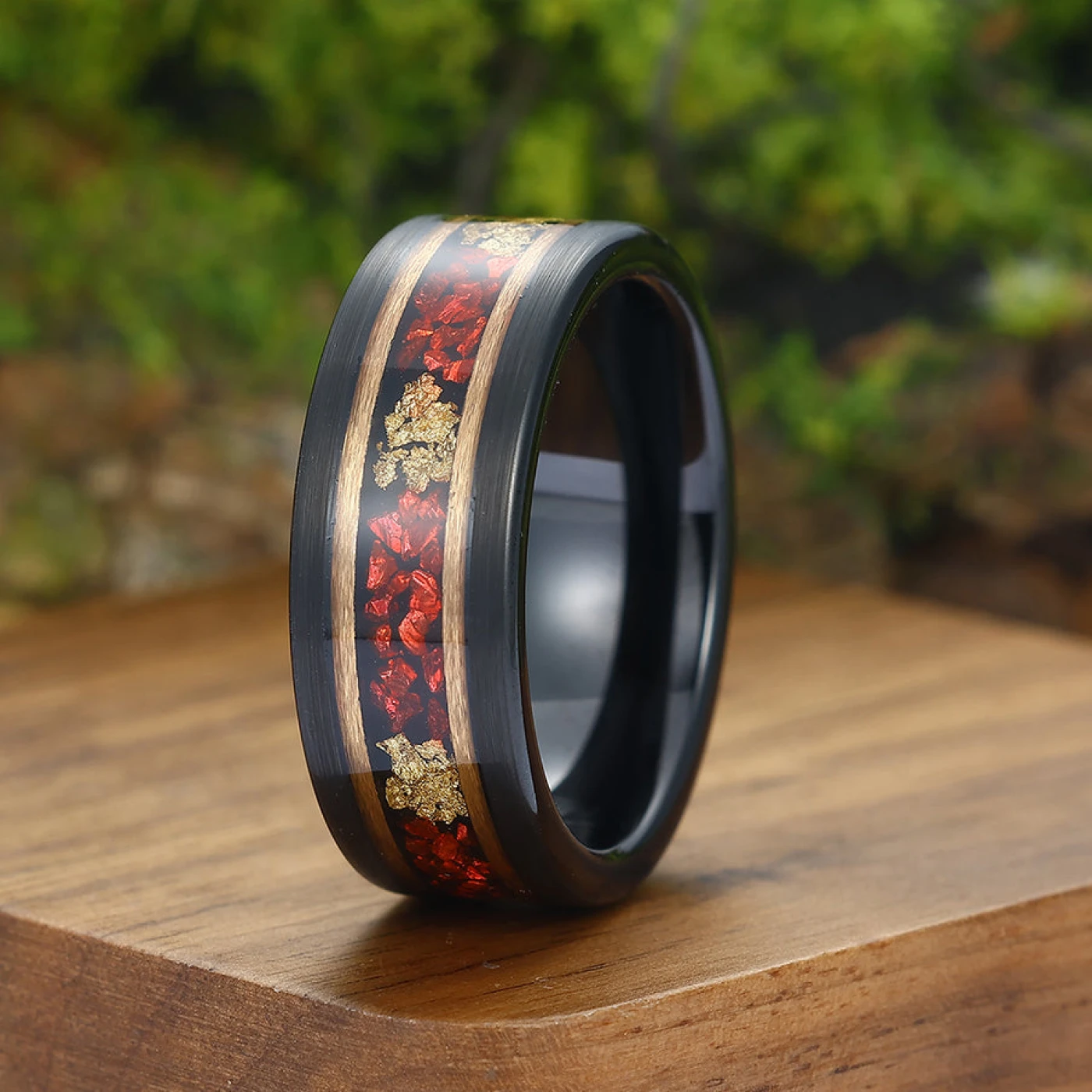 Ruby Gold Foil Tungsten Wedding Ring 8mm Black and Rose Gold Men’ s Unisex Ring