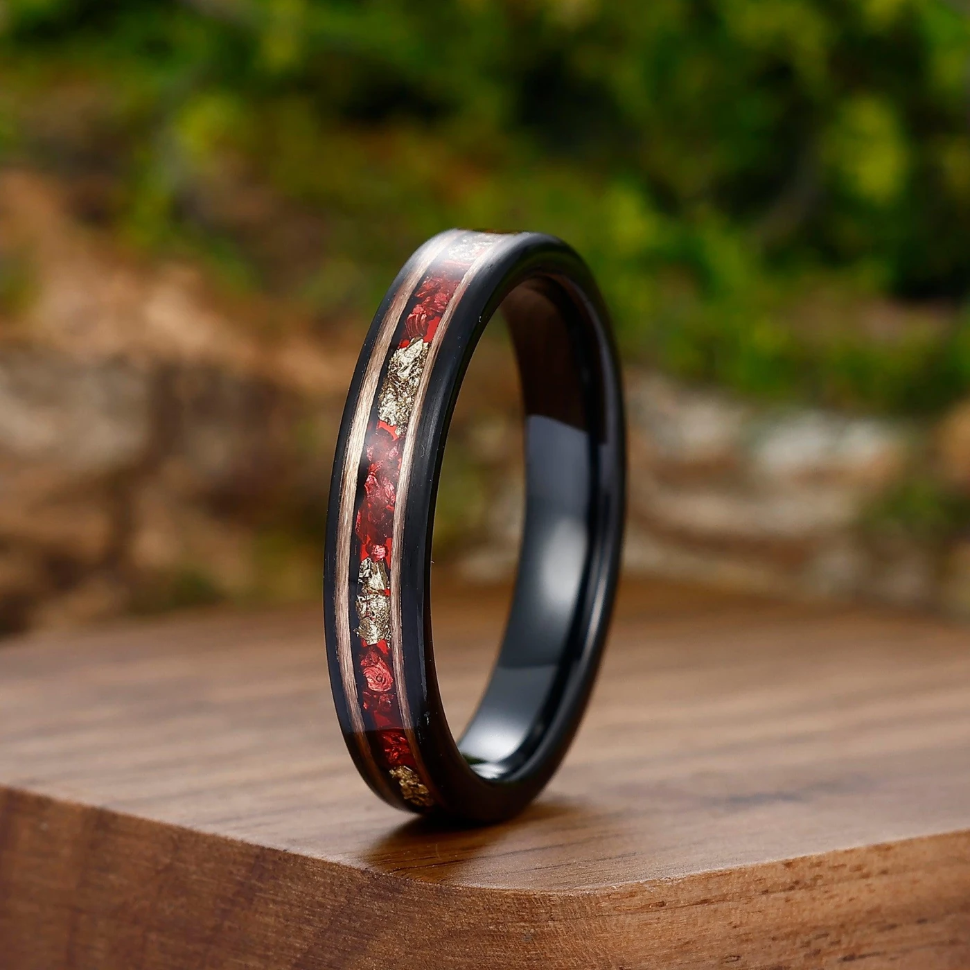 Ruby Gold Foil Tungsten Wedding Ring 8mm Black and Rose Gold Men’ s Unisex Ring - view 3