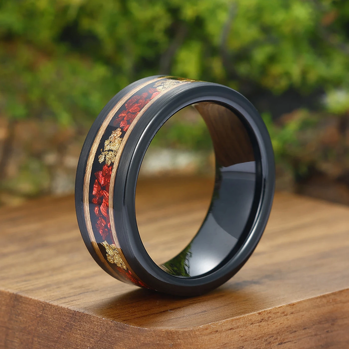 Ruby Gold Foil Tungsten Wedding Ring 8mm Black and Rose Gold Men’ s Unisex Ring - view 6
