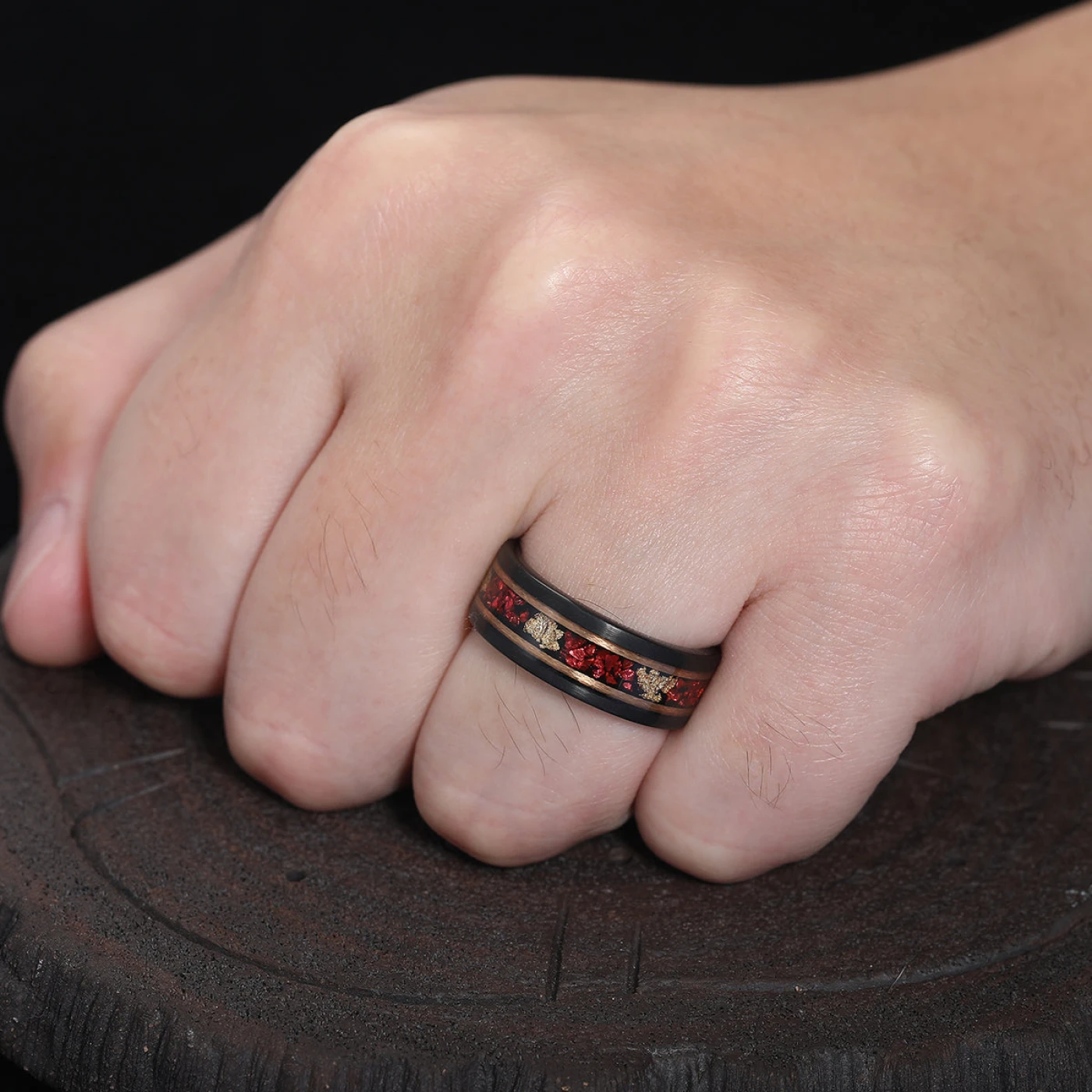 Ruby Gold Foil Tungsten Wedding Ring 8mm Black and Rose Gold Men’ s Unisex Ring - view 8