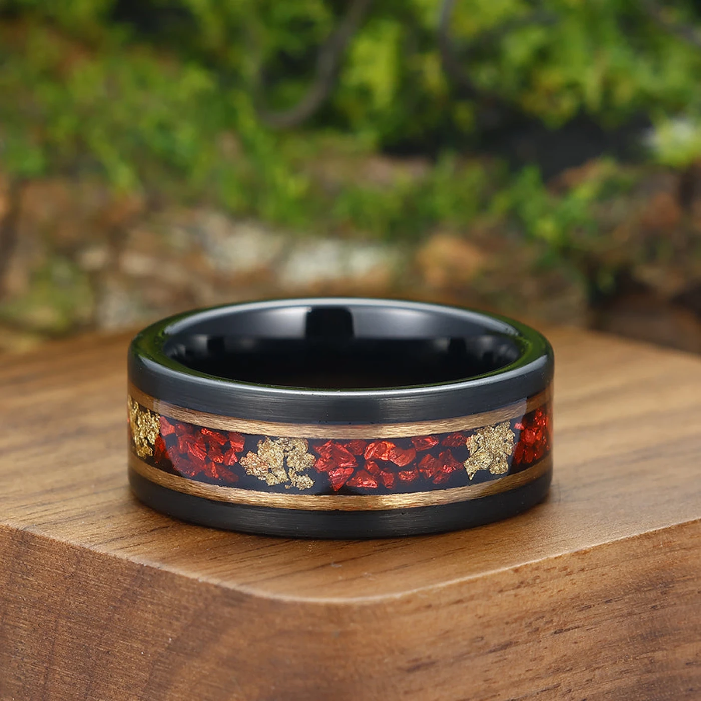 Ruby Gold Foil Tungsten Wedding Ring 8mm Black and Rose Gold Men’ s Unisex Ring - view 2