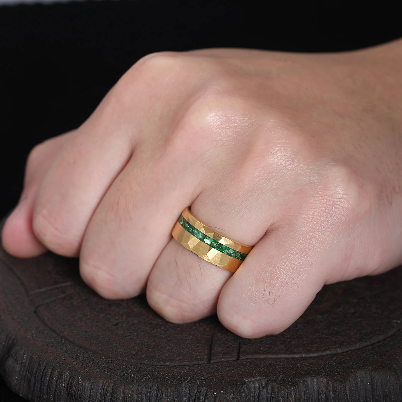 Crushed Green Emerald Promise Ring 8mm Gold Hammered Tungsten Mens Wedding Ring Promise Tungsten Carbide Ring - view 5