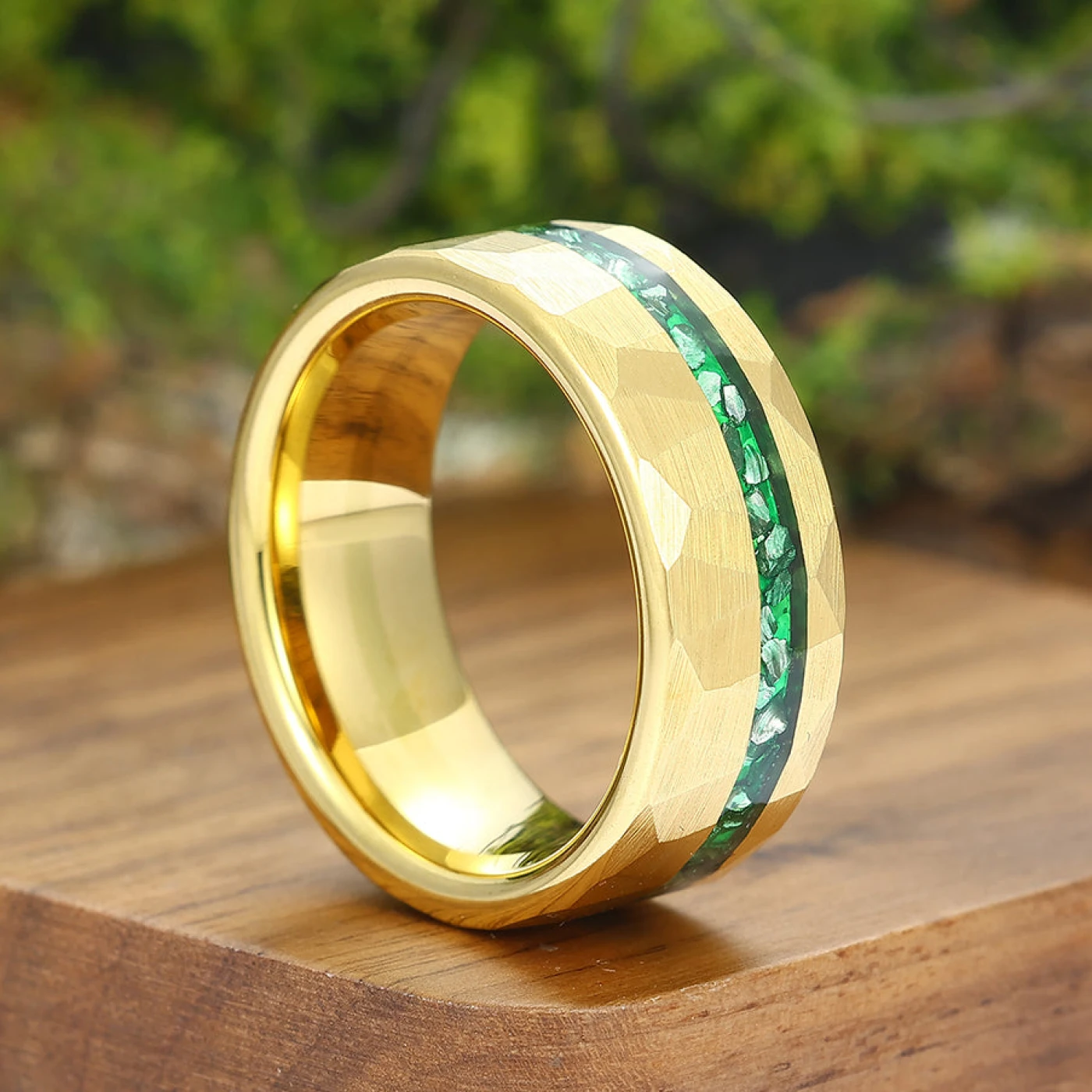 Crushed Green Emerald Promise Ring 8mm Gold Hammered Tungsten Mens Wedding Ring Promise Tungsten Carbide Ring - view 3