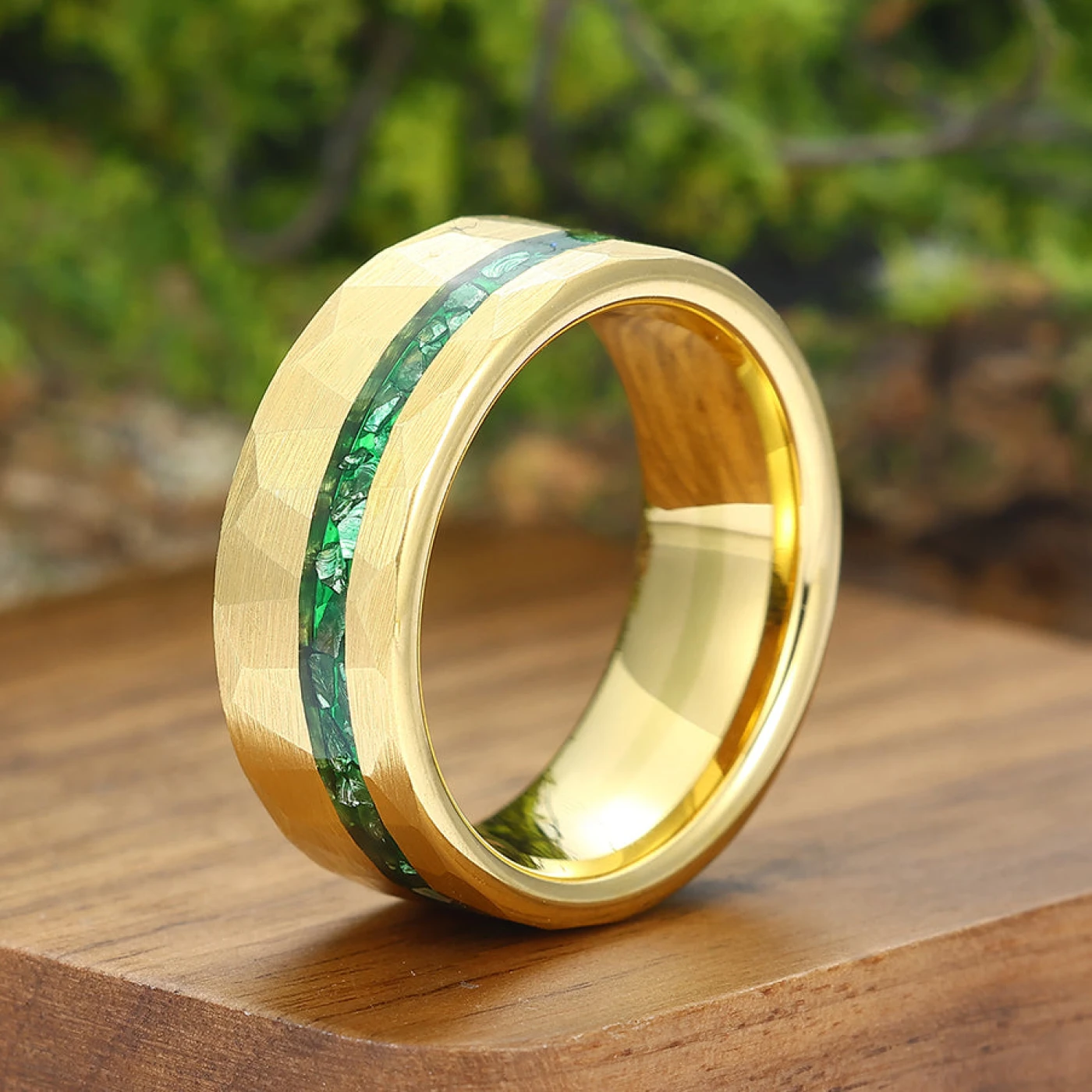 Crushed Green Emerald Promise Ring 8mm Gold Hammered Tungsten Mens Wedding Ring Promise Tungsten Carbide Ring - view 2