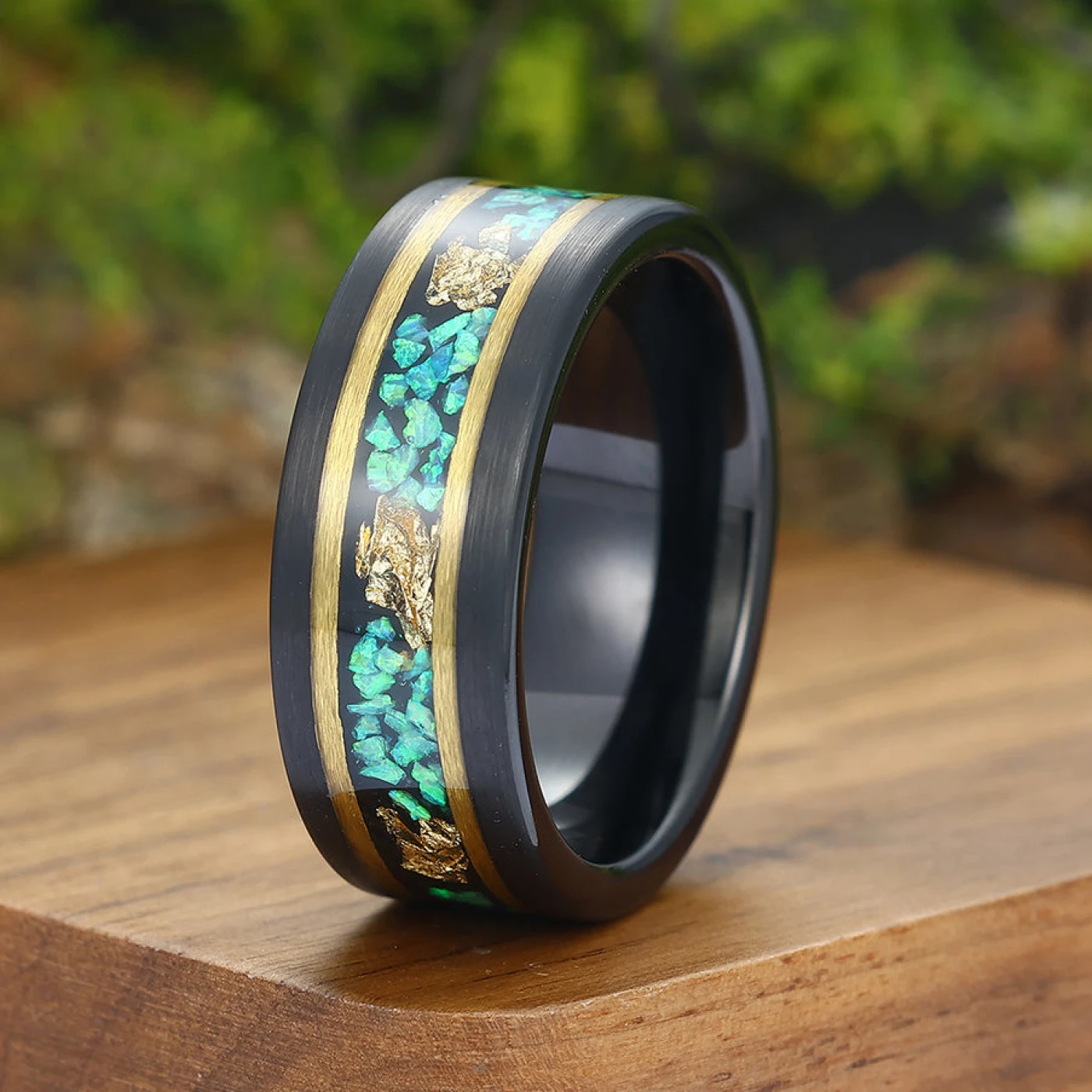 Unique Blue Green Opal Gold foil Ring Men’s Wedding Band 8mm