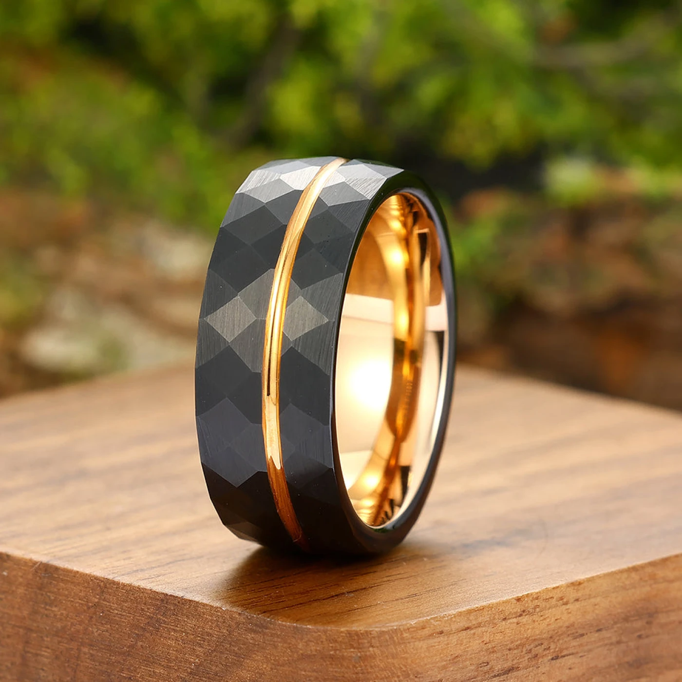 8mm Rose Gold Grooved Black Rhombic Tungsten Men’ s Ring For Birthday Gift