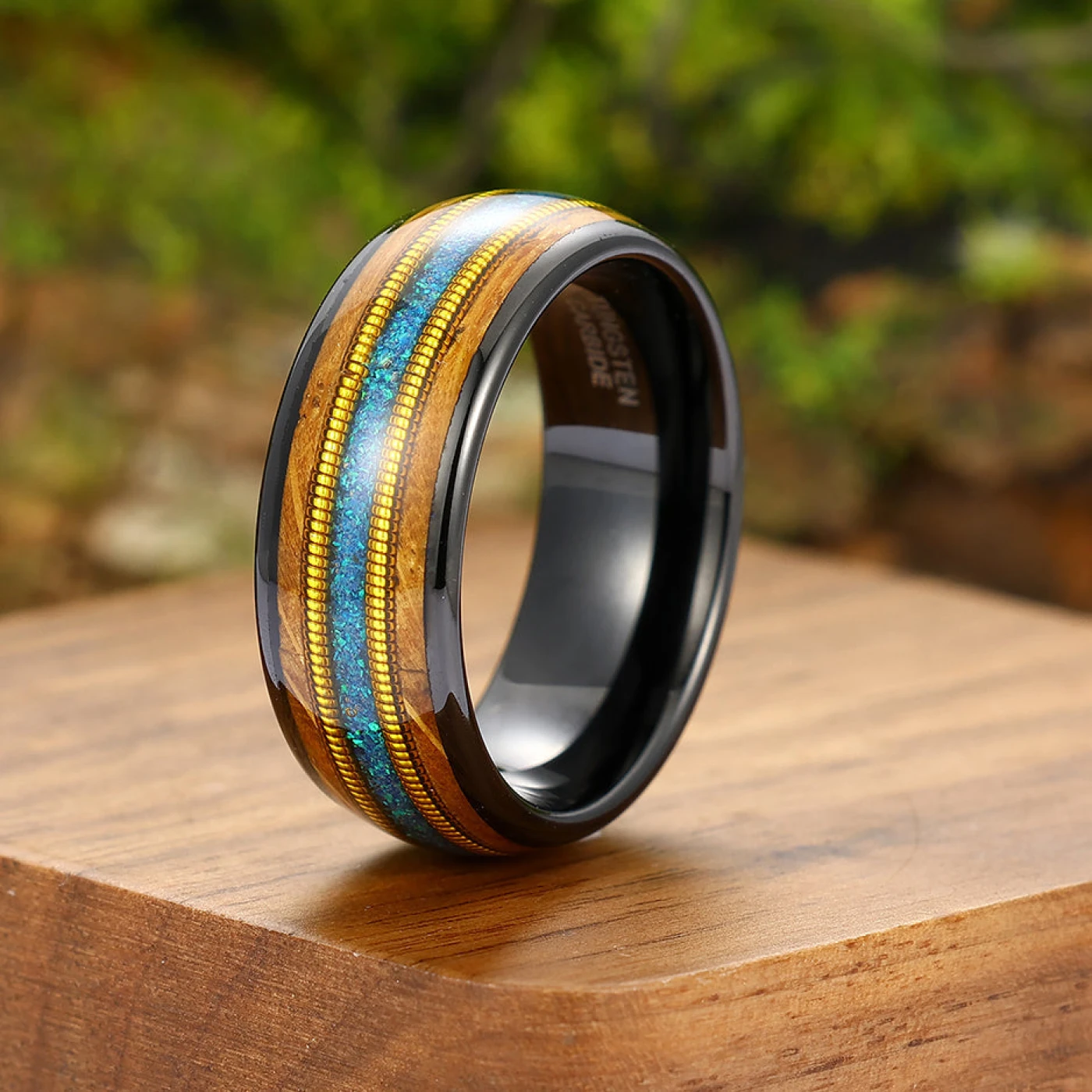 Double Barrel Wood 3A Blue Opal Double Guitar String Men's Wedding Band