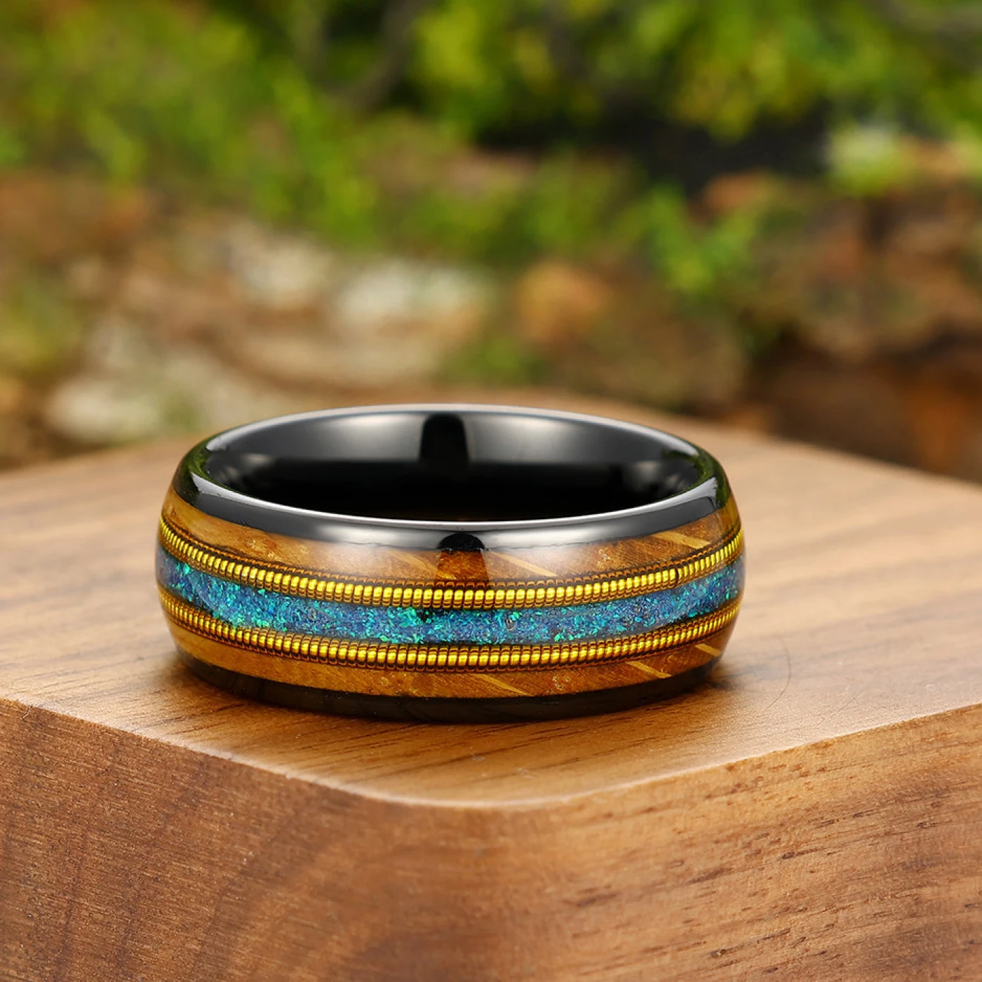 Double Barrel Wood 3A Blue Opal Double Guitar String Men's Tungsten Ring Unisex Wedding Band - view 2