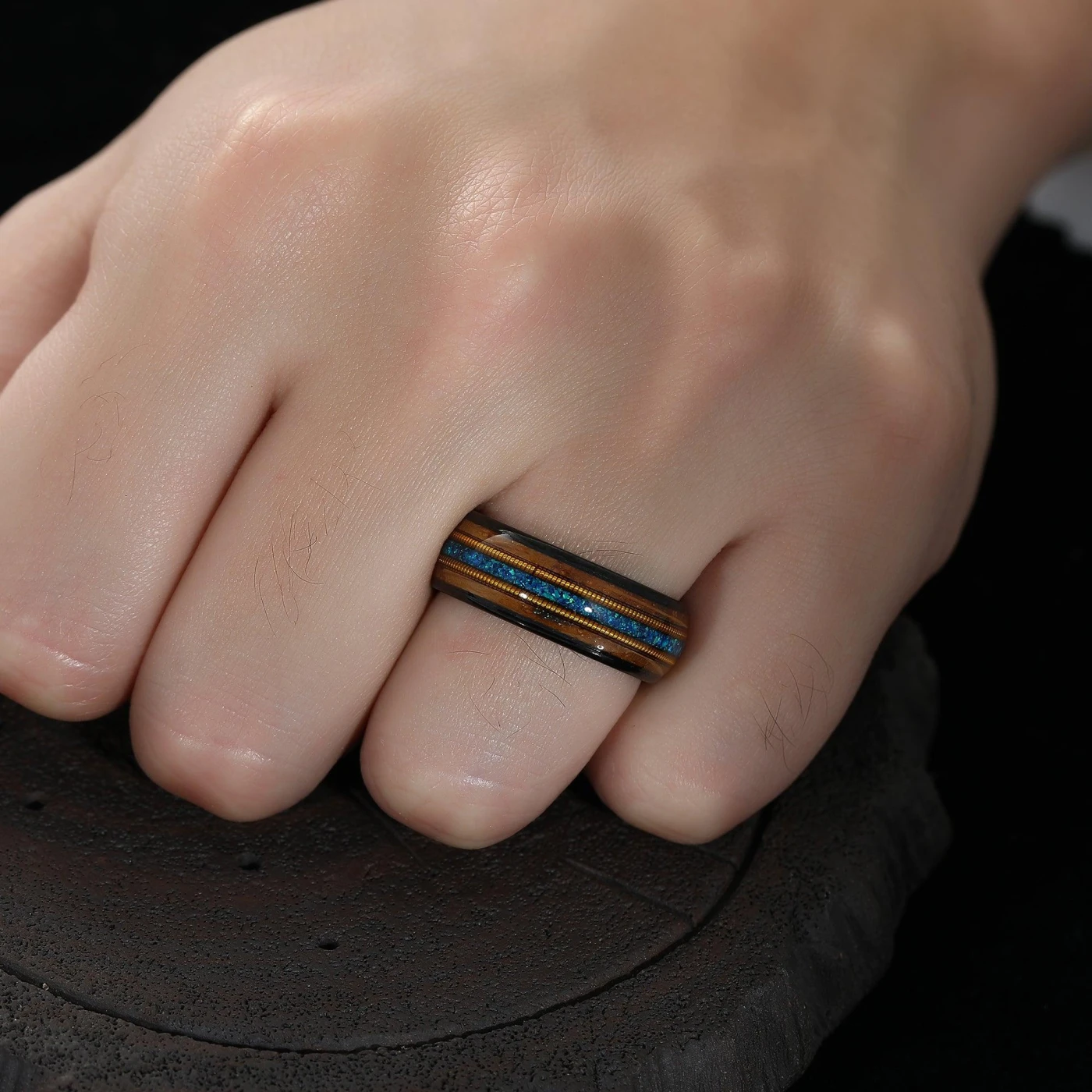 Double Barrel Wood 3A Blue Opal Double Guitar String Men's Tungsten Ring Unisex Wedding Band - view 6