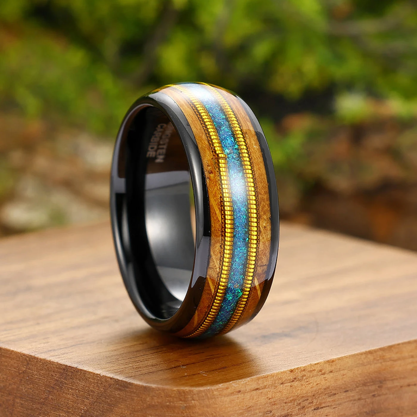 Double Barrel Wood 3A Blue Opal Double Guitar String Men's Tungsten Ring Unisex Wedding Band - view 4
