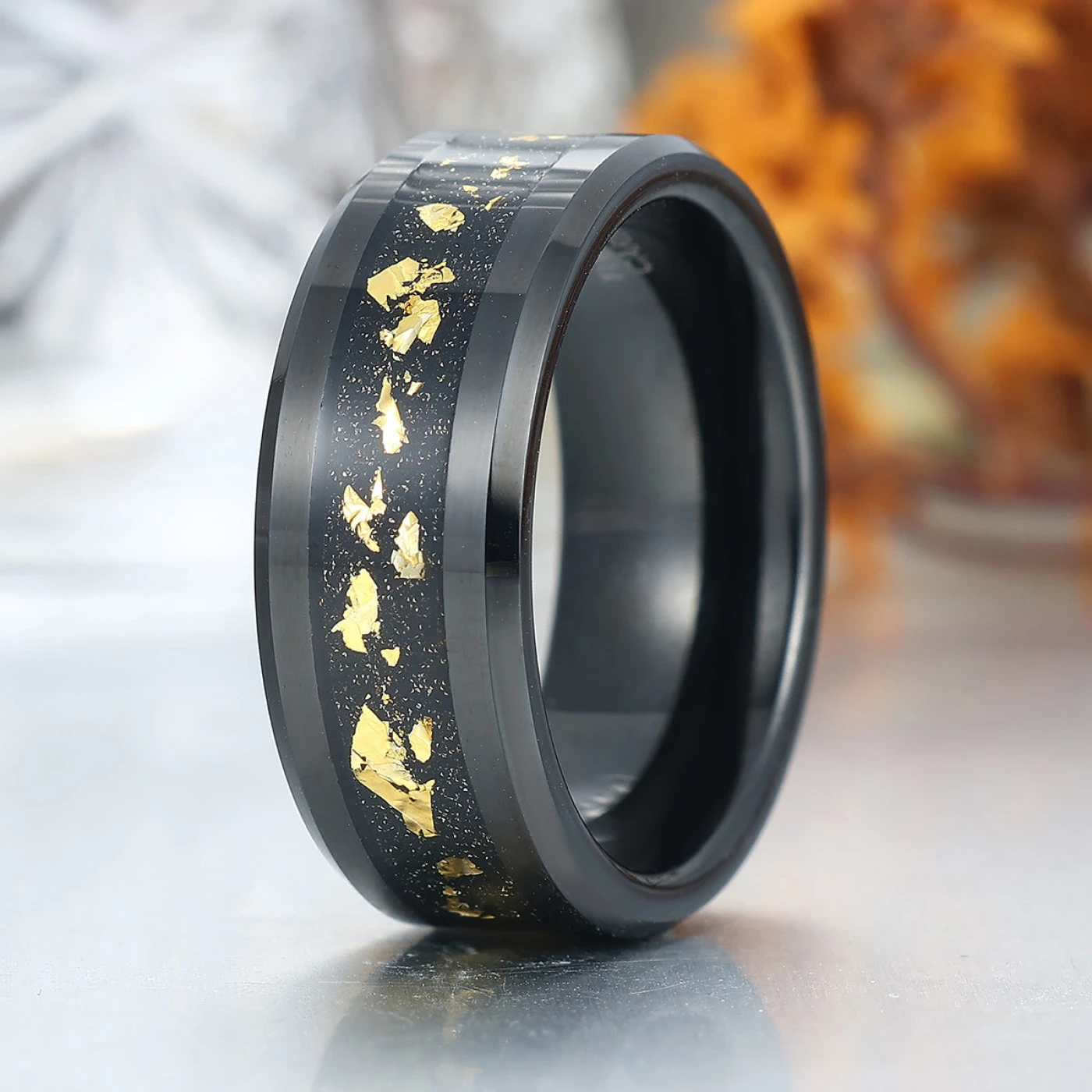 Crushed 18K Gold Leaf Man Black Tungsten Wedding Ring 8mm Polished Anniversary