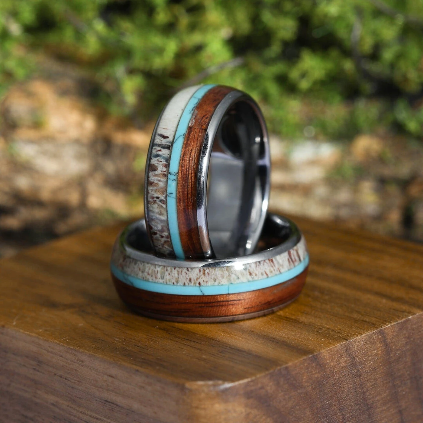 Deer Antler Hawaiian Koa Wood Turquoise Tungsten Wedding Band Tungsten Carbide Ring Men’s Anniversary Ring Promise Unisex Ring - view 5