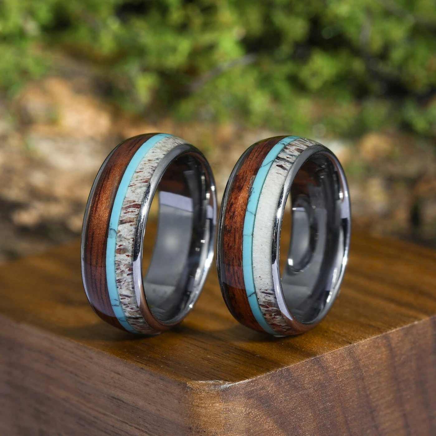 Deer Antler Hawaiian Koa Wood Turquoise Tungsten Wedding Band Tungsten Carbide Ring Men’s Anniversary Ring Promise Unisex Ring - view 3