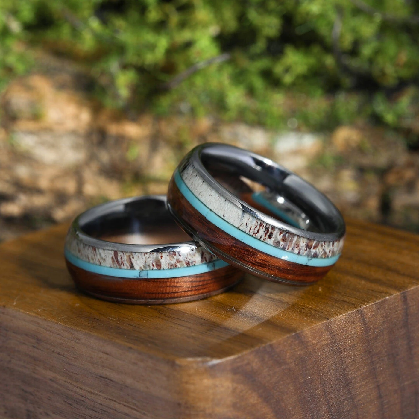 Deer Antler Hawaiian Koa Wood Turquoise Tungsten Wedding Band Tungsten Carbide Ring Men’s Anniversary Ring Promise Unisex Ring - view 2