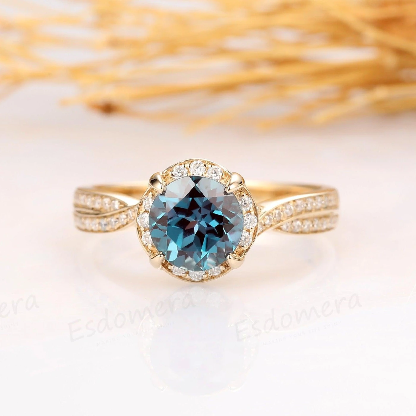 Round Cut 1ct Alexandrite Ring, Vintage Rose Style 14k Yellow Gold Engagement Ring