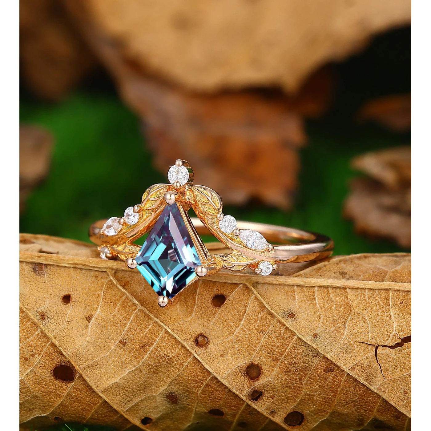 Kite Cut 14k Rose Gold Leaf Silver June Birthstone Unique Alexandrite Ring - view 3